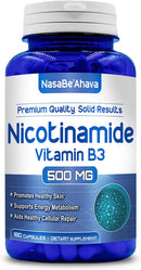 Front of NasaBe'Ahava Nicotinamide Vitamin B3 500mg dietary supplement bottle.