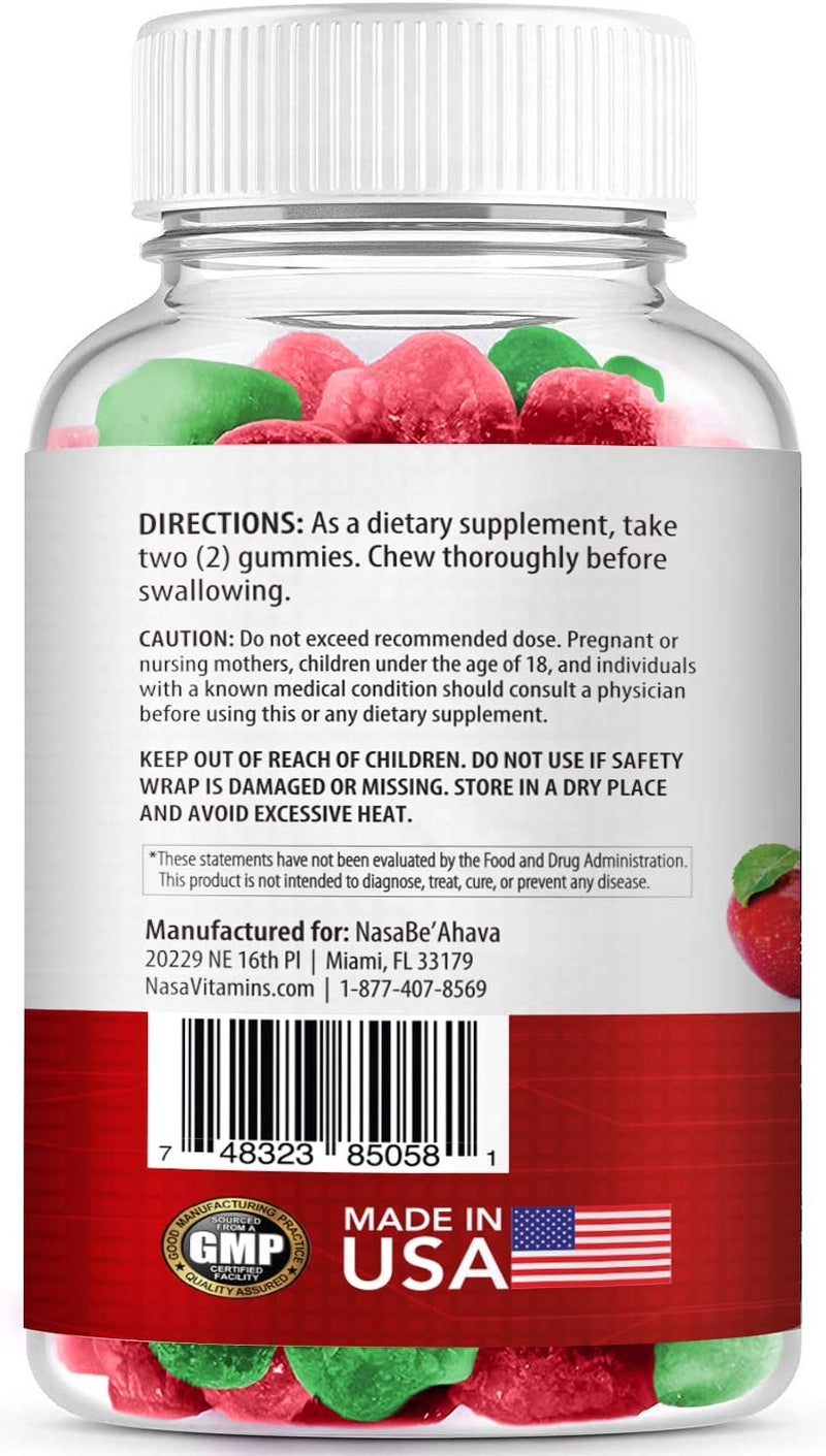 Apple Cider Vinegar Gummies directions and caution label on bottle