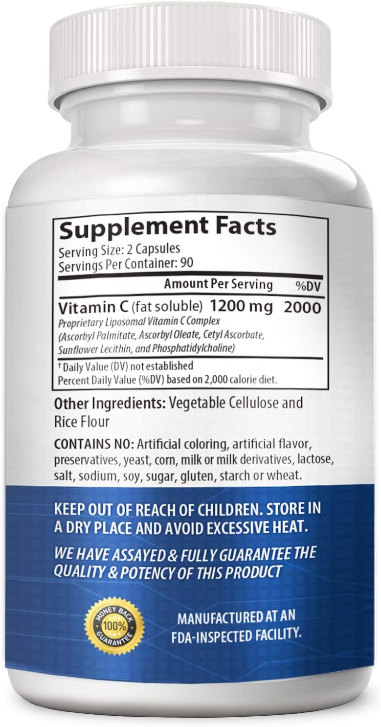 Liosomal Vitamin C supplement facts and ingredients label on back of bottle.