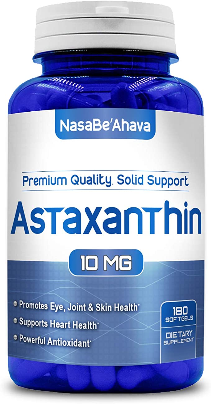 Front of NasaBe'Ahava Astaxanthin 10mg dietary supplement bottle.