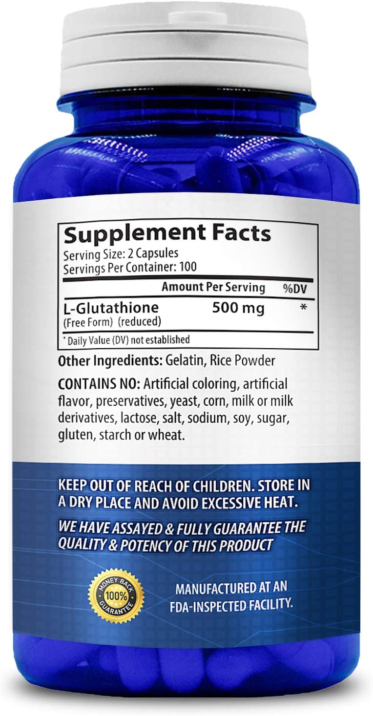 Glutathione 500mg supplement facts and ingredients label on back of bottle.