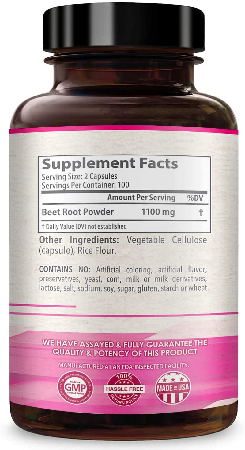 Beet Root Powder supplement facts and ingredients label on back of bottle.