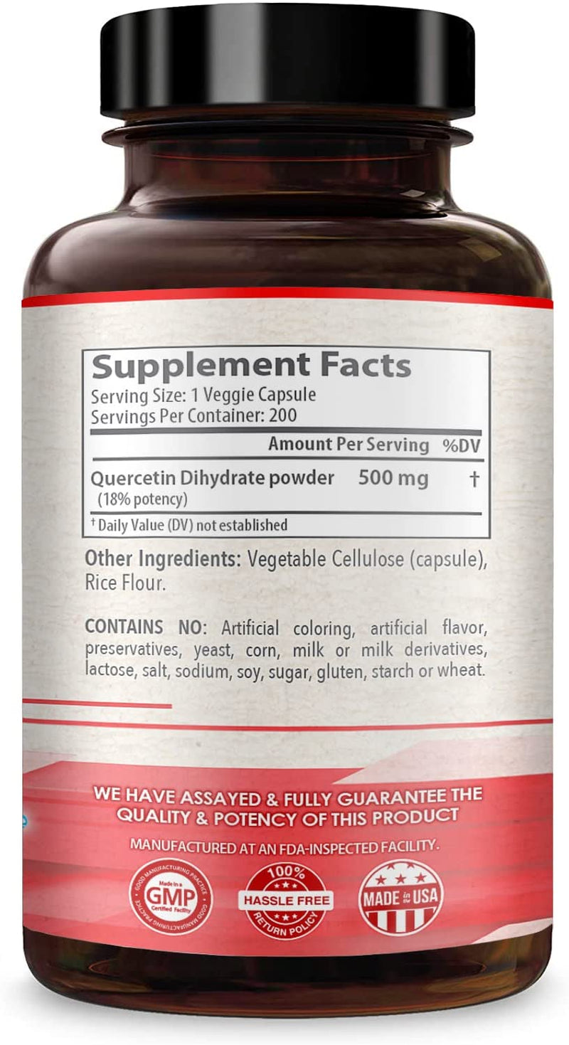 Quercetin supplement facts and ingredients label on back of bottle.