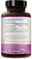 Resveratrol supplement facts and ingredients label on back of bottle.