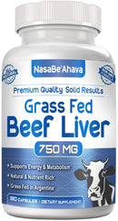 Front of NasaBe'Ahava Grass Fed Beef Liver 750mg dietary supplement bottle.