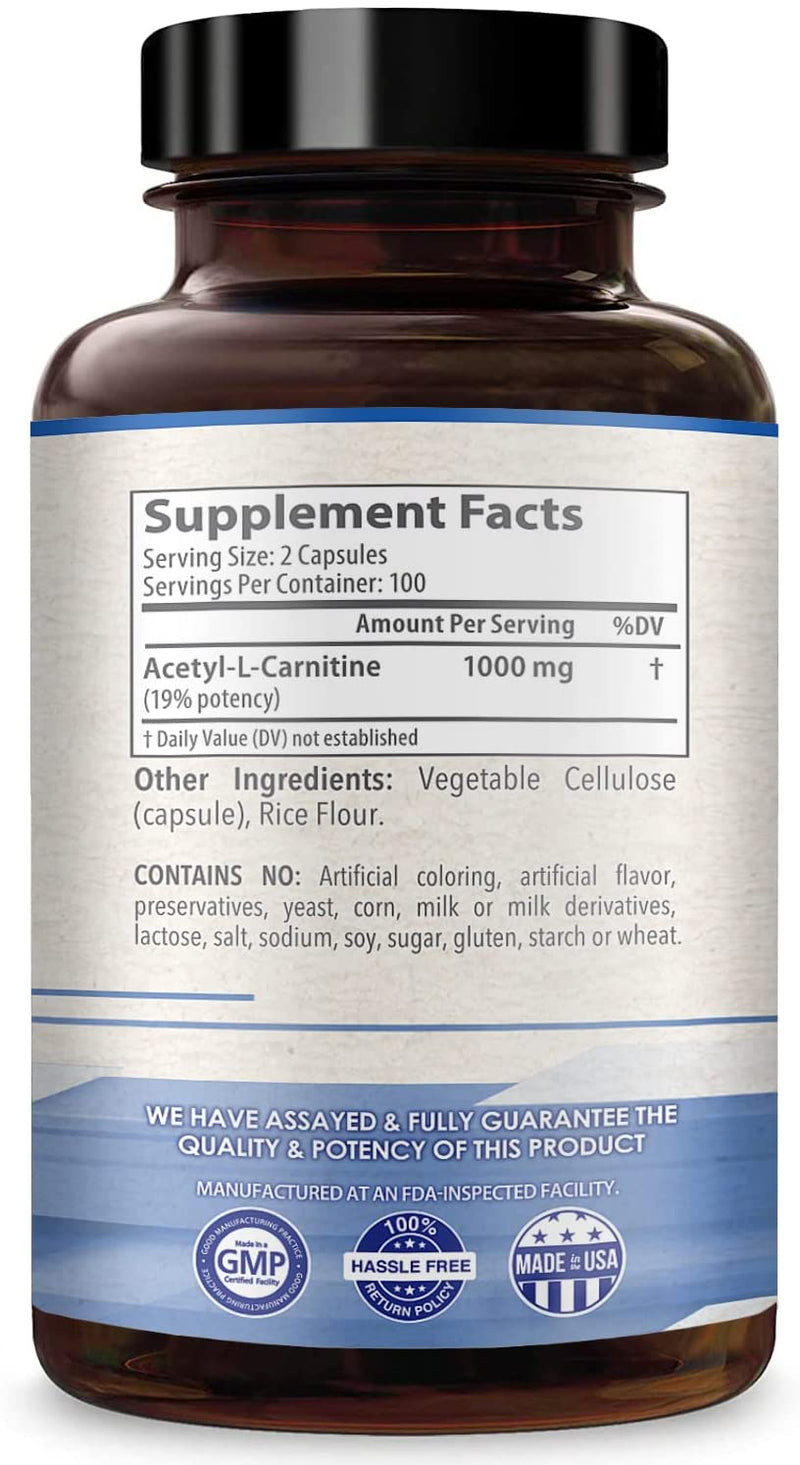 back of acetyl l-carnitine 1000 mg-200 capsule bottle, supplement facts and ingredients