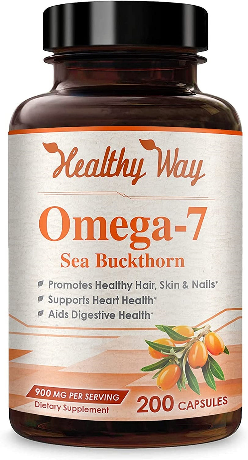 Front of Healthy Way Omega-7 Sea Buckthorn dietary supplement bottle.