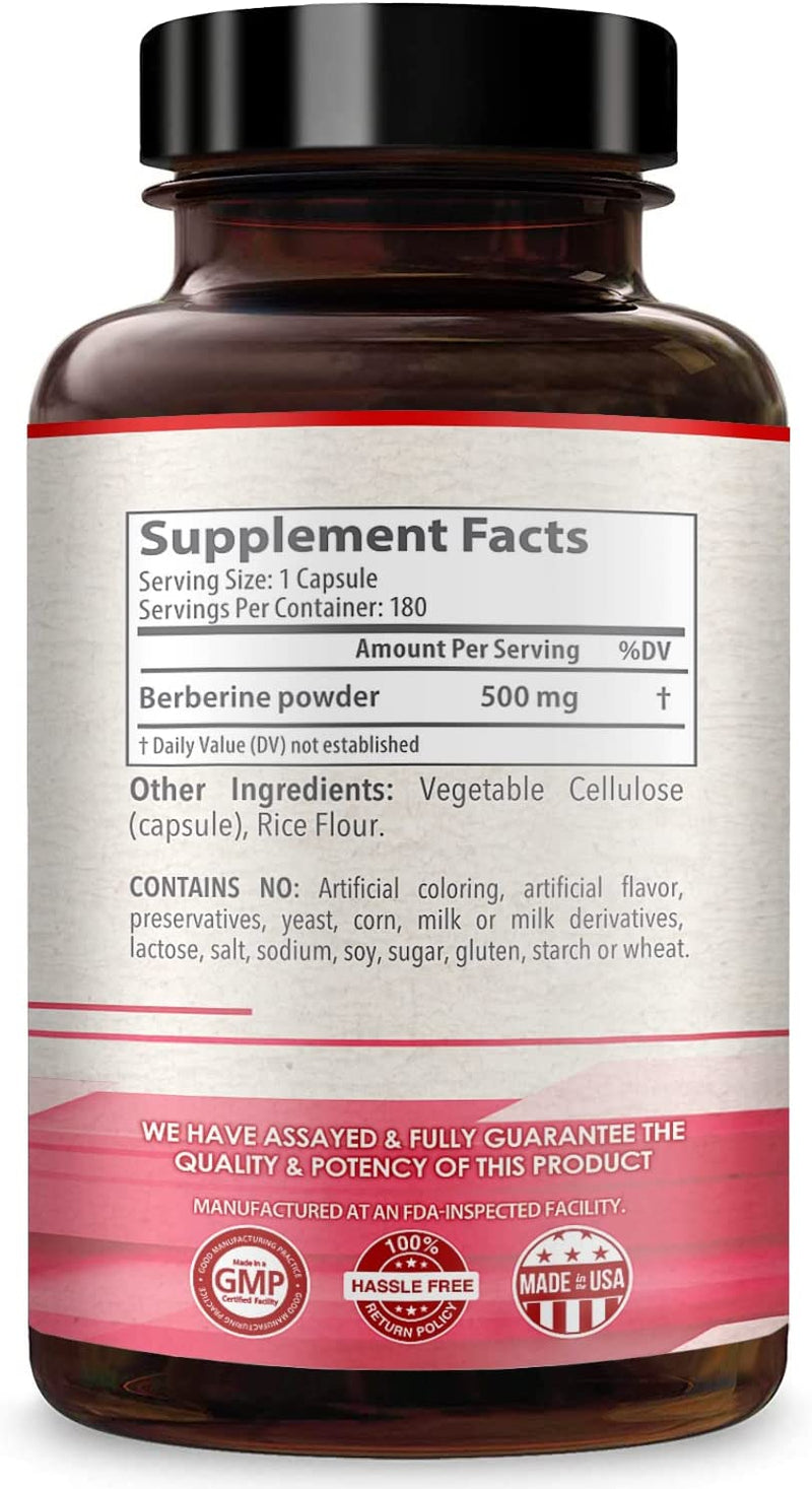 Berberine 500mg supplement facts and ingredients label on back of bottle.