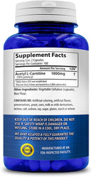 back of Acetyl L-Carnitine 1000 mg 200 Capsule bottle, supplement facts and ingredients