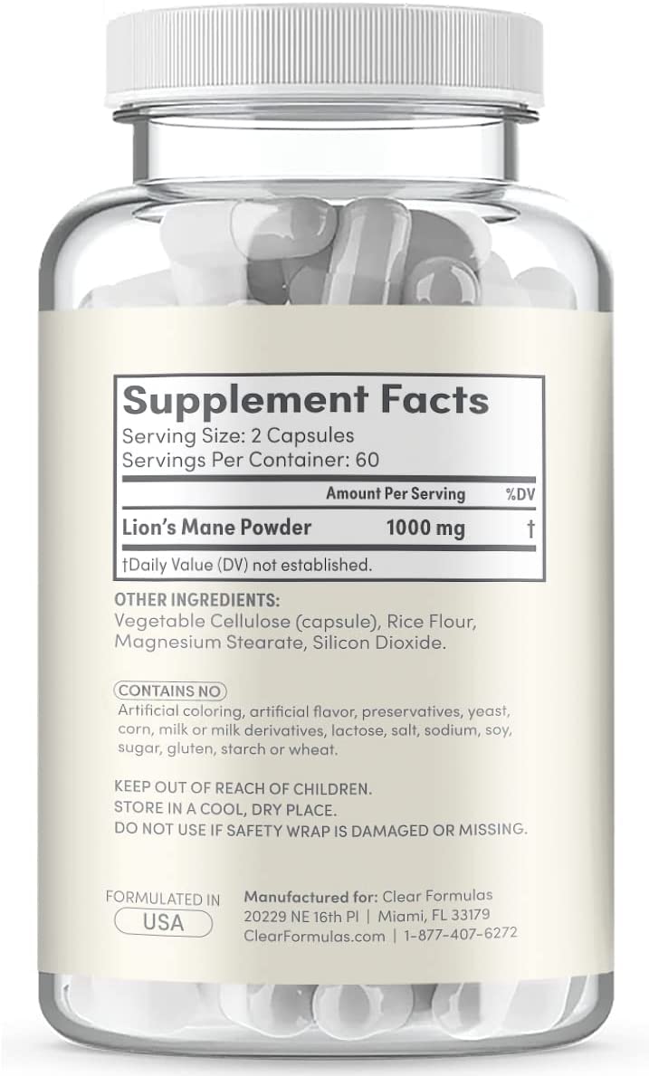 Clear Formulas Lions Mane Mushroom Capsules, Brain and Focus Supplements, Non GMO and Gluten Free 120 Capsules