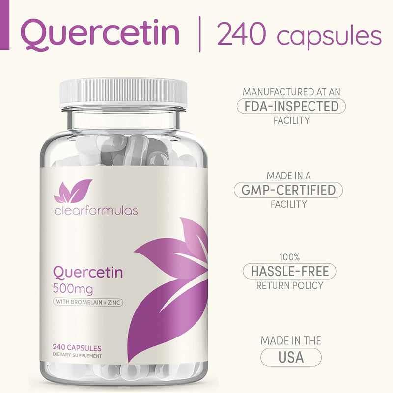 Clear Formulas Quercetin 500mg with Bromelain and Zinc Supplement - 240 Capsules - Quercetin Dihydrate to Support Immune Health and Cardiovascular